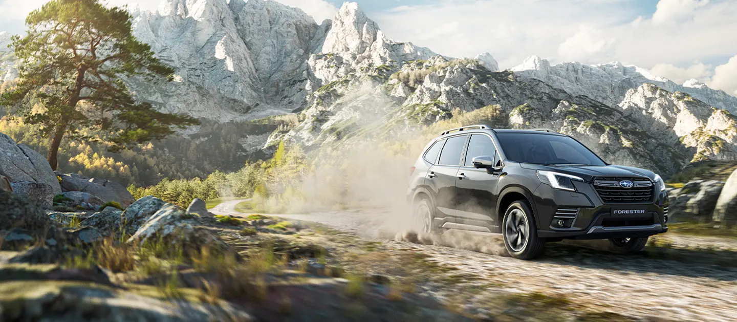 Subaru Forester en camino rural en montaña con vegetación.